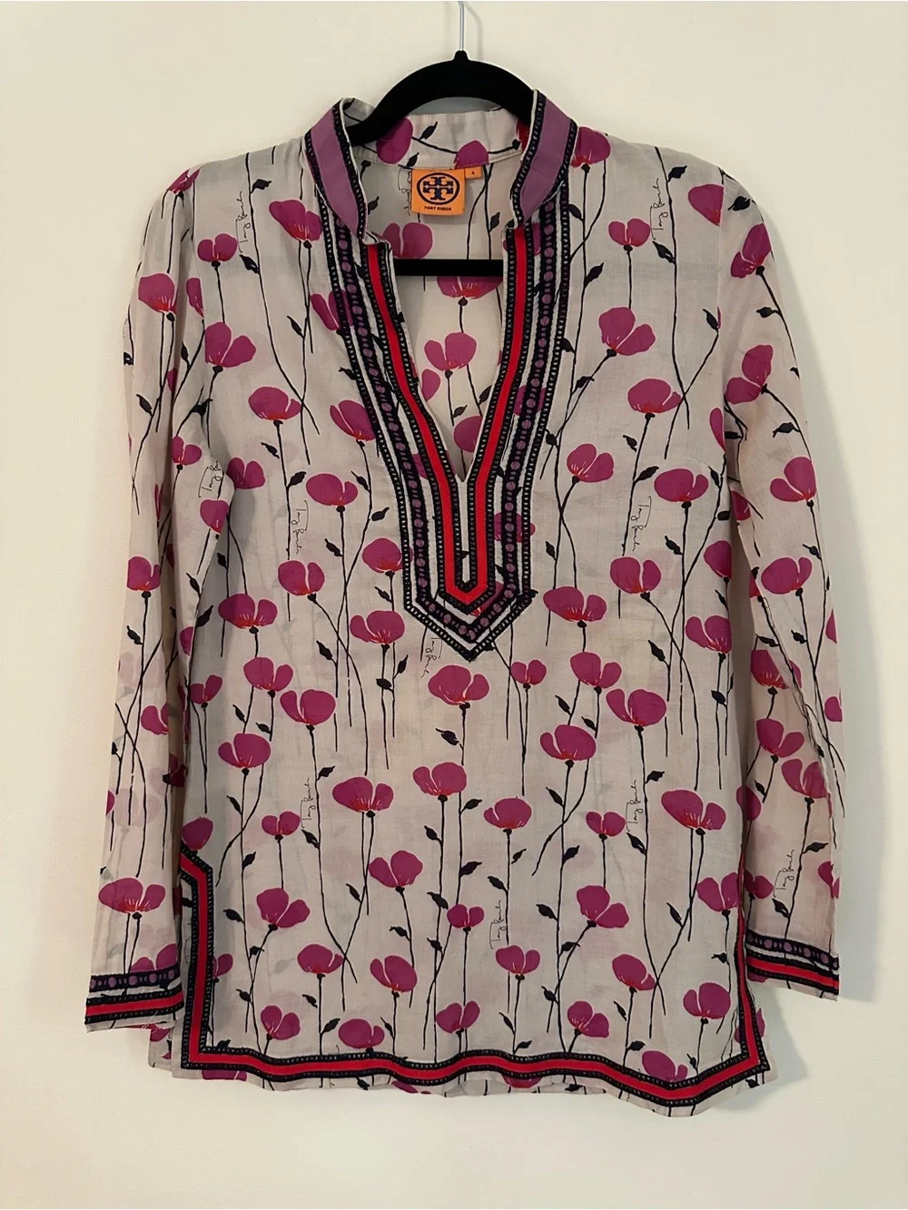 Tory Burch Pink Floral Embroidered V-Neck Tunic